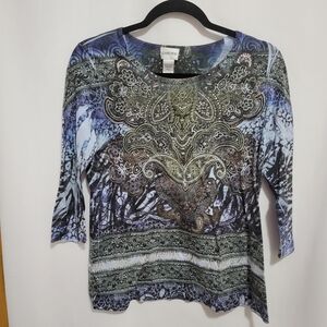Chico's Intricate Blue and Green Paisley Top with Rhinestone Detail. Size 1